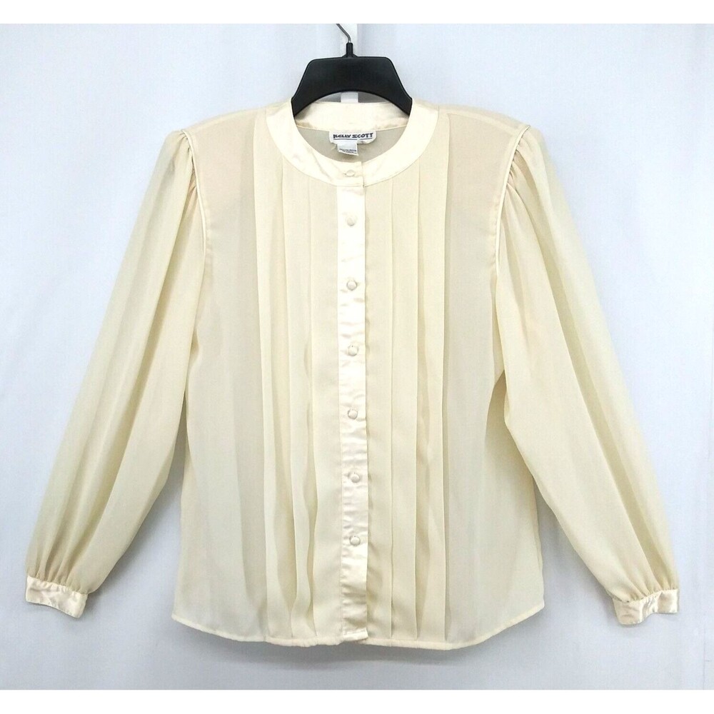 Kelly Scott Shirt Womens Size 6 Cream Long Sleeve Pleated Front Button Up Blouse